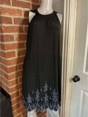 Black Halter Dress Embroidered Bead Hem Sleeveless Flowy A-Line Boho Midi Dress